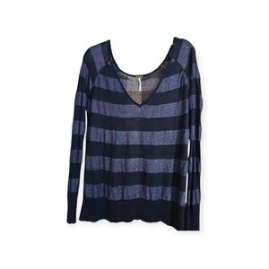 Free People Black Navy Sparkle Striped V Neck Semi Sheer Long Sleeve Sweater Med